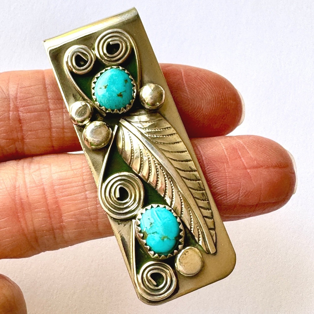 Navajo Money Clip Turquoise Sterling Wilbur‎ Myers Native American Tooled